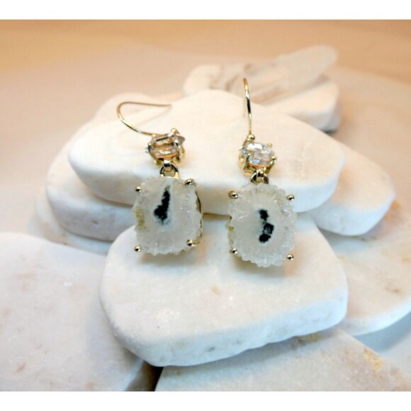 Solar Eye Quartz Water Clear Herkimer Diamond Sterling Silver Dangle Earrings - Picture 4 of 8